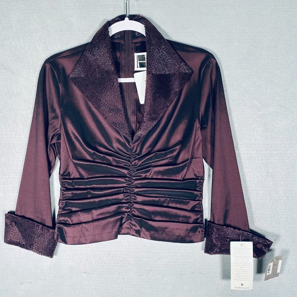 Vintage Tadashi Shoji Blazer Womens 8 Purple Beaded Ruched Jacket Zip